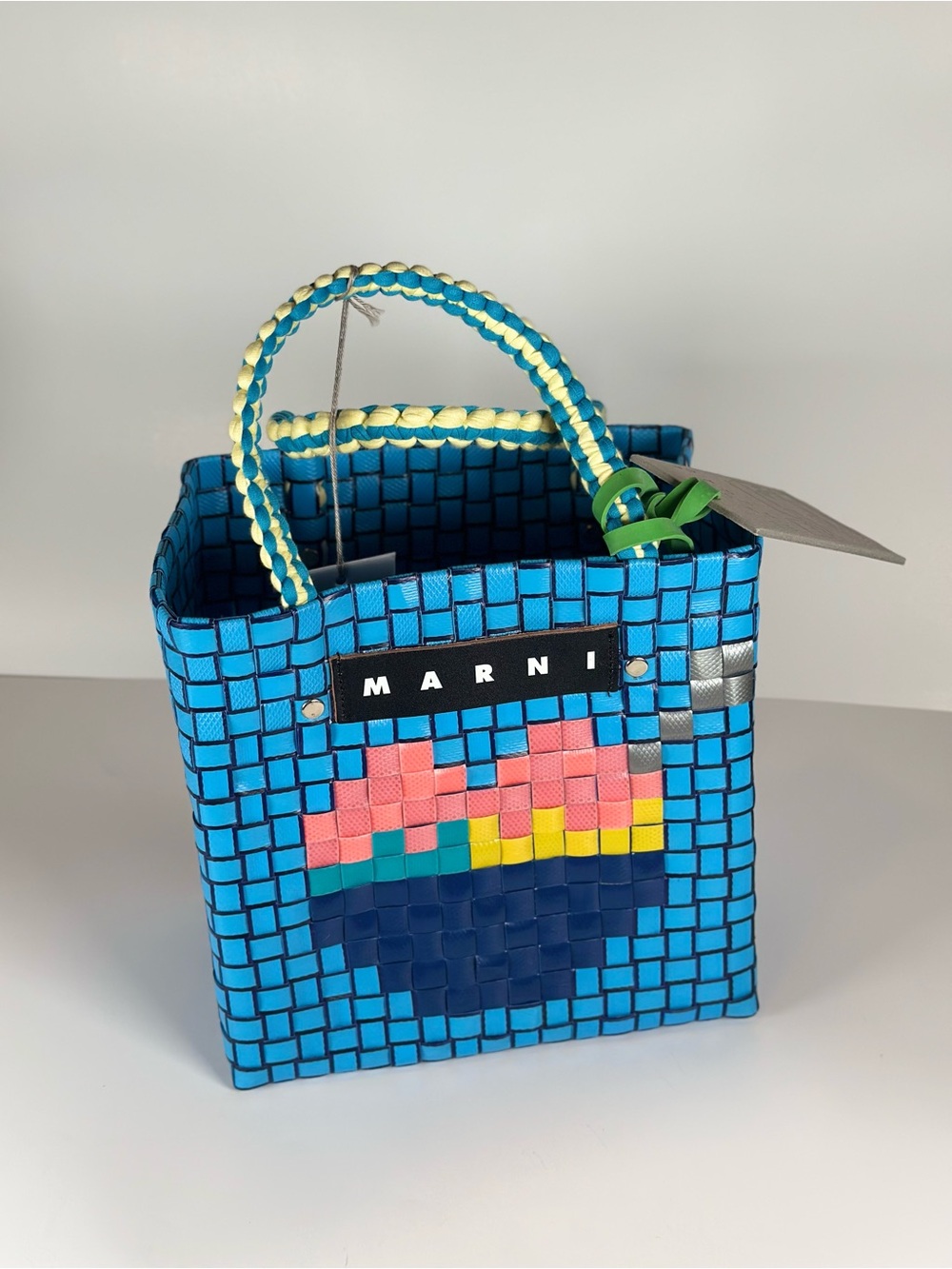 NWT Marni Bright Blue Woven Mini Tote with Multicolor Pixel Heart